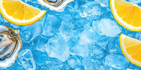 Lemon slices and oysters rest on a bed of ice cubes. Refreshing seafood and citrus concept