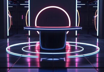 Symmetrical Futuristic Neon Stage with Circle Lights.