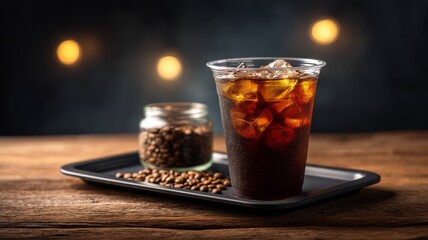 Refreshing Iced Beverage with Coffee Beans and a Jar on Wooden Table Against a Soft Bokeh Background