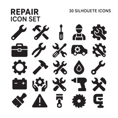 Repair 30 icon set. Containing fix, toolbox, repairman, recovery, setting, restoration, car service, construction, maintenance and more. Editable line icons. Vector