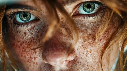 Intense close-up portrait of a woman with piercing blue eyes and freckles, capturing a raw, emotional expression - Powered by Adobe