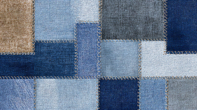 A close-up view of a patchwork of denim fabric showcasing various blue and grey shades, perfect for textile design projects.