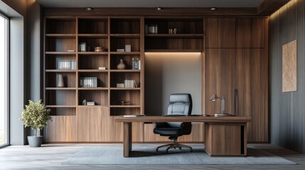 Stylish Modern Workspace With Wooden Furniture For Zoom Background