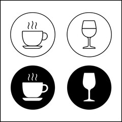 Drink icons of coffee cup and wine glass in line art and silhouette