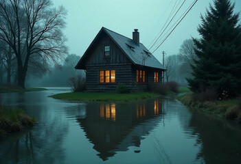 Fototapeta premium Cottage with Lantern Light in Rainy Flood