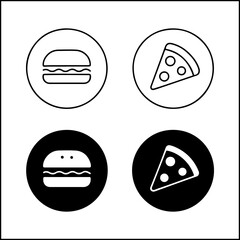 Food icons of burger and pizza slice in line art and silhouette