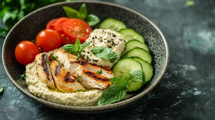 Mediterranean dish with grilled chicken, hummus, cucumber and tomatoes, a healthy and colorful dish. generative ai