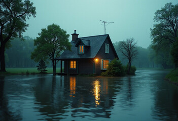 Fototapeta premium Small House in Deep Water at Twilight