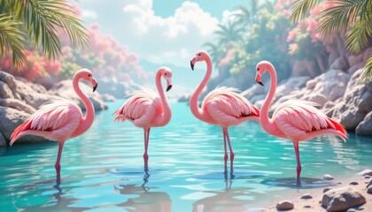 Obraz premium Flamingos gathering by tranquil waters tropical paradise wildlife photography serene environment close-up view nature's beauty
