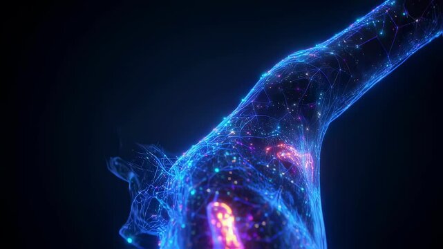 Glowing artificial pancreas illuminating transparent pediatric anatomy, representing cutting edge medical innovation for diabetes treatment and management