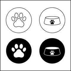 Pet care icons of paw print and pet bowl in line art and silhouette