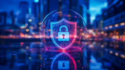 A digital security concept image featuring a glowing blue and red shield icon with a padlock symbol in the center, floating above a reflective dark surface