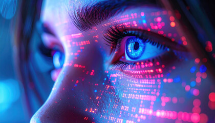 Digital Gaze: An artistic close-up unveils the captivating, digitally enhanced eyes of a woman, symbolizing a future of technological immersion and artificial intelligence. 