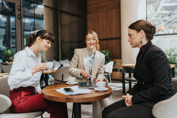 Three women discussing ideas while enjoying coffee together in an elegant cafe.