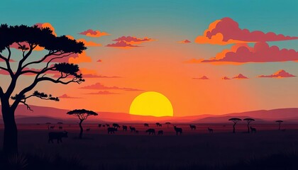 Flat vector illustration of an African savanna sunset with simplified shapes and bold colors,  purple,  scene