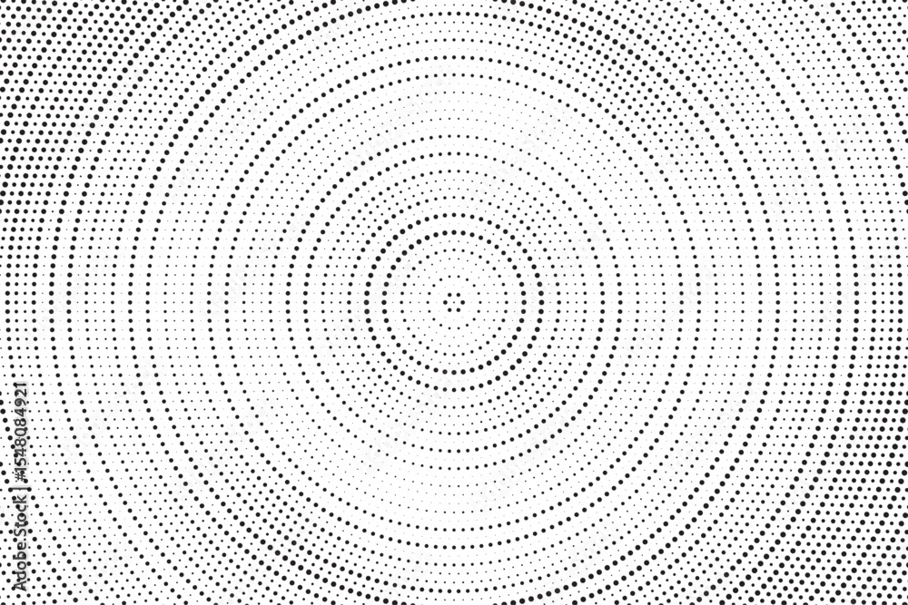Aufkleber Radial halftone gradient background. Dotted concentric texture with fading effect. Black and white circle shade wallpaper. Grunge rough vector. Monochrome backdrop	