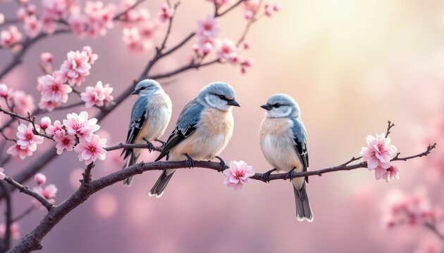 Birds singing among cherry blossoms in spring nature scene soft focus tranquil atmosphere