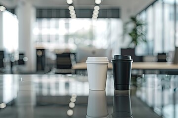 A White Coffee Cup and a Black Travel Mug on a Glass Table in an Office Setting