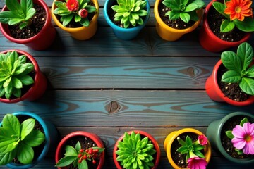 Fototapeta premium Bird's-eye view of colorful flowerpots and gardening accessories , home decor, texture