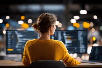 A young person with a bun hairstyle is focused on dual computer monitors displaying code, wearing a cozy yellow sweater in a modern workspace