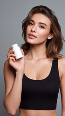 Young woman holding white supplement bottle with healthy glowing skin and natural makeup wearing black tank top