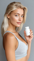 Blonde woman holding white supplement bottle with healthy skin and blue eyes in gray top