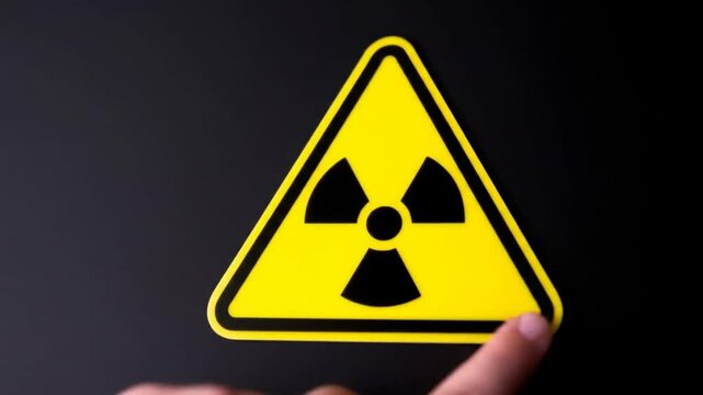 Radiation warning symbol in yellow and black triangle on black screen. Atomic radioactive nuclear sign & Demonstration teaching