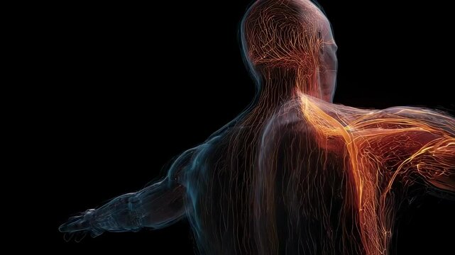 Medical visualization revealing glowing anatomical layers of male human body, rotating and highlighting interconnected biological systems against dark background