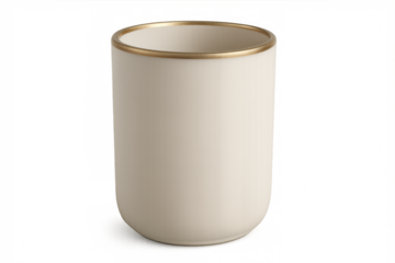 Elegant white ceramic vase with gold rim on transparent background