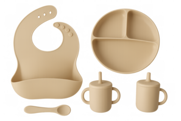 Beige baby dishes set including bib, plate, spoon, and sippy cups on transparent background