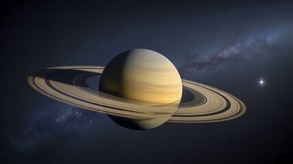 A photograph of Saturn, the sixth planet from the Sun, dominating a deep black, star-dusted expanse.