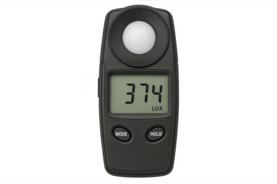 Digital lux meter measuring light intensity on transparent background