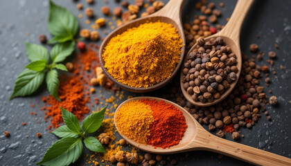 Vibrant Spices: Turmeric, Paprika, Peppercorns in Wooden Spoons .