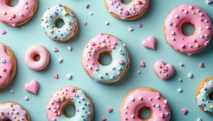Fototapeta premium Colorful donuts with sprinkles bakery food photography sweet treats overhead view delicious dessert ideas