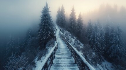 Snowy wooden walkway through a misty winter forest.