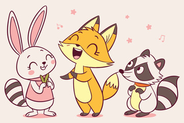 Cute Animal Characters in Flat Design Style Illustration with Black Yellow Cyan Magenta