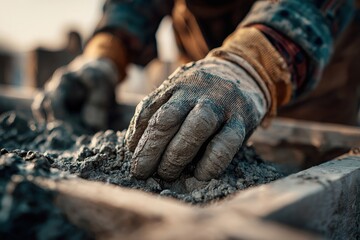 Construction worker shaping cement at a building site during sunset hours in an urban environment
