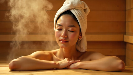 Asian young woman relaxes in a heated sauna, draped with a towel, in a traditional wooden steam room reminiscent