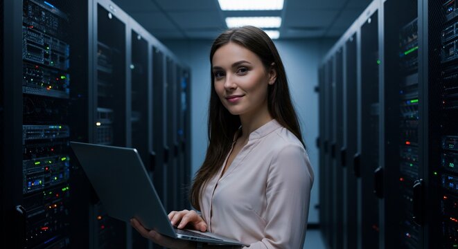 Woman Working in Server Room with Laptop