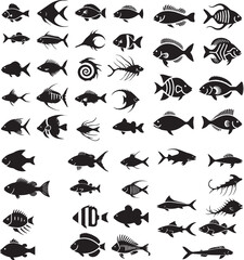 Set of silhouettes of different fish species.