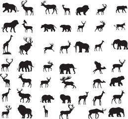  Set of silhouettes of wild animals in a flat style on a white background