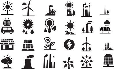 Set of silhouettes of sustainable energy sources in a flat style