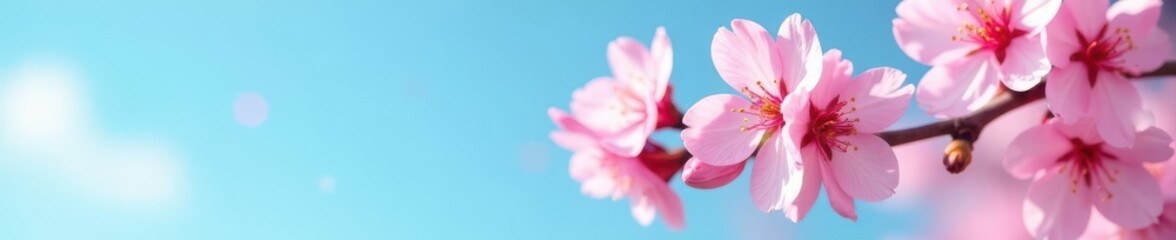 Delicate pink almond blossoms against a tranquil blue sky Springtime floral elegance , flowers, close-up, background