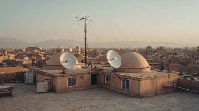 Rooftop scene with satellite dishes and antennas over traditional domed buildings in Iran during dusk — ideal for tech-meets-tradition themes, city visuals and communication concepts - Powered by Adobe