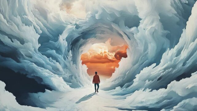 A man standing in the middle of a large wave