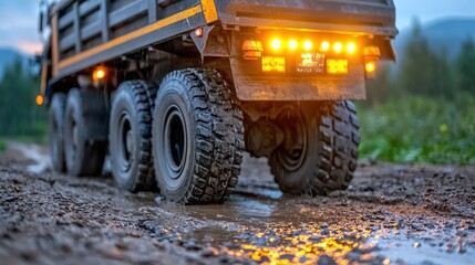 Heavy Duty Truck Tires on Muddy Road at Dusk