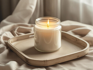 A glass candle jar with no label, placed on a wooden tray, soft warm lighting, cozy product presentation