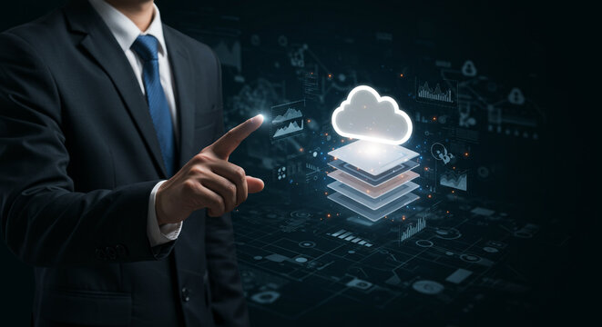 Businessman showing virtual glowing cloud computing to download and loading data information and upload on system network application. Technology data transformation concept,