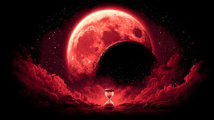 object made of sand and fire slowly rotating under eclipse sky