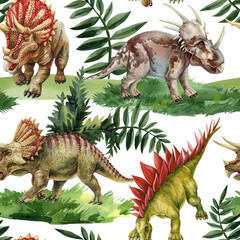 Watercolor seamless dinosaur pattern with triceratops stegosaurs and prehistoric jungle leaves on white background © Hanna
